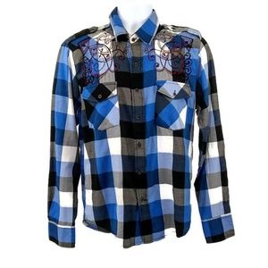 El General Men's Western Blue Plaid Long Sleeve Shirt Button Up Embroidered Med